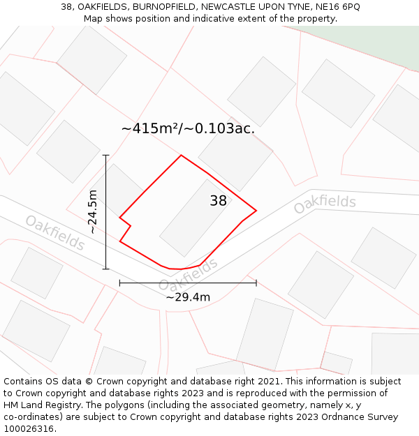 38, OAKFIELDS, BURNOPFIELD, NEWCASTLE UPON TYNE, NE16 6PQ: Plot and title map