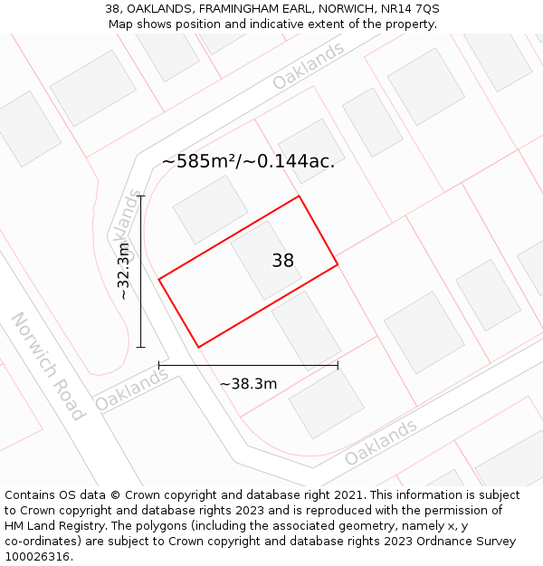 38, OAKLANDS, FRAMINGHAM EARL, NORWICH, NR14 7QS: Plot and title map