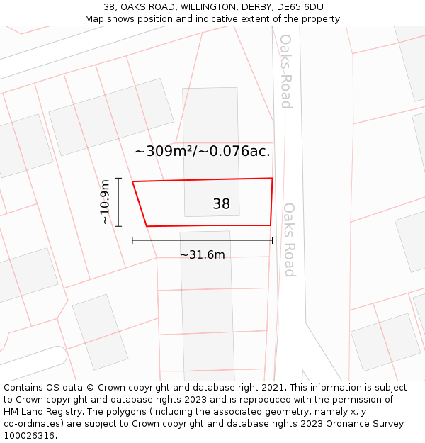 38, OAKS ROAD, WILLINGTON, DERBY, DE65 6DU: Plot and title map