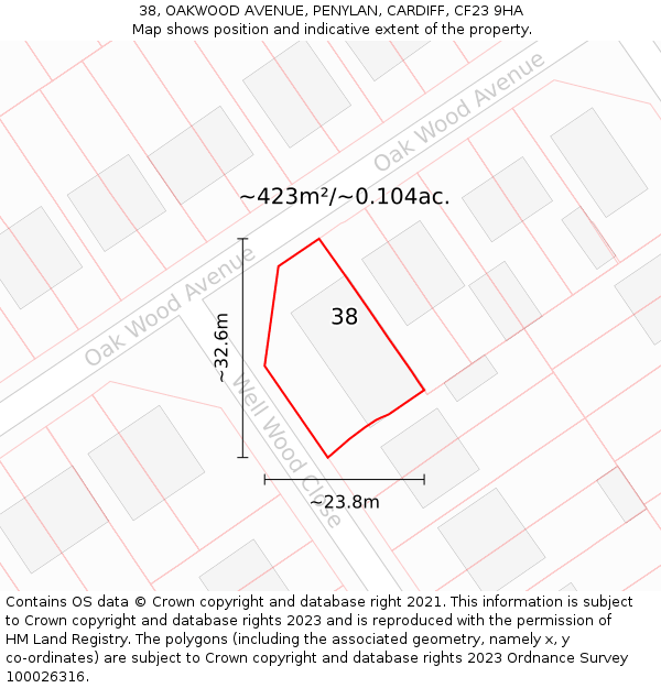 38, OAKWOOD AVENUE, PENYLAN, CARDIFF, CF23 9HA: Plot and title map