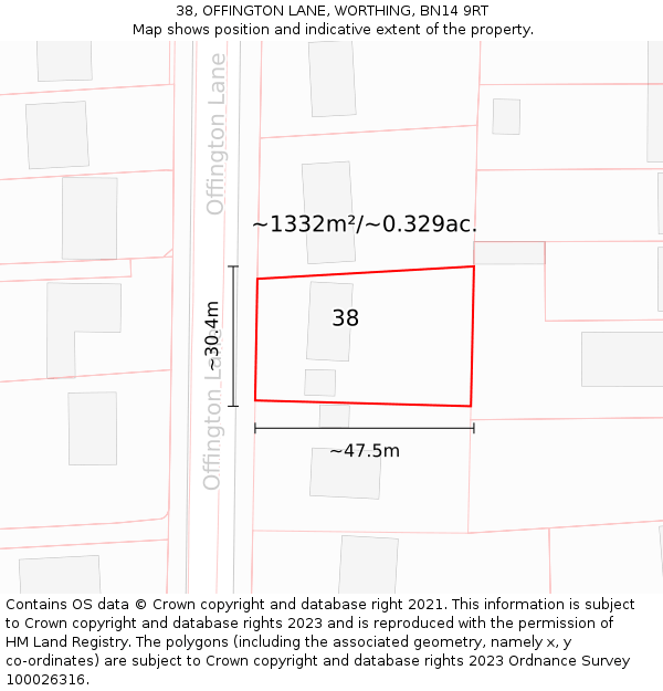 38, OFFINGTON LANE, WORTHING, BN14 9RT: Plot and title map