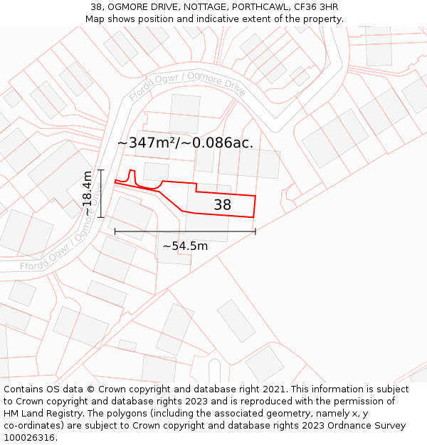 38, OGMORE DRIVE, NOTTAGE, PORTHCAWL, CF36 3HR: Plot and title map