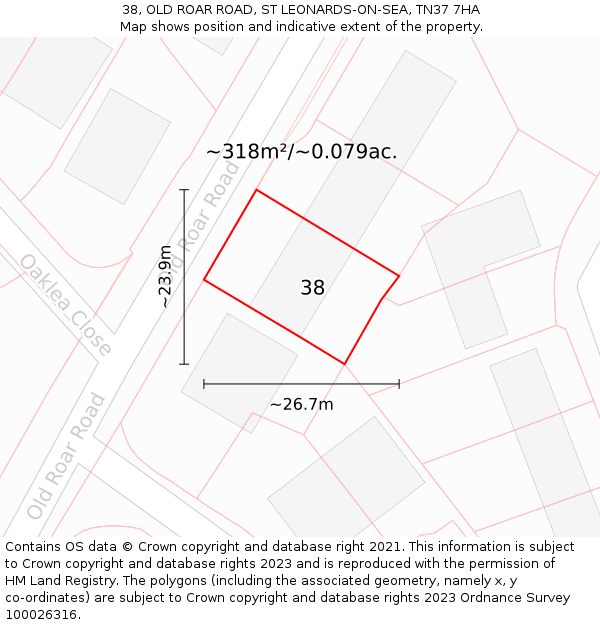 38, OLD ROAR ROAD, ST LEONARDS-ON-SEA, TN37 7HA: Plot and title map