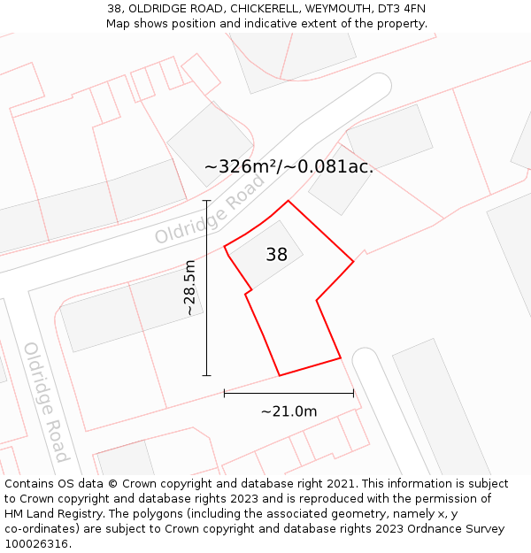 38, OLDRIDGE ROAD, CHICKERELL, WEYMOUTH, DT3 4FN: Plot and title map