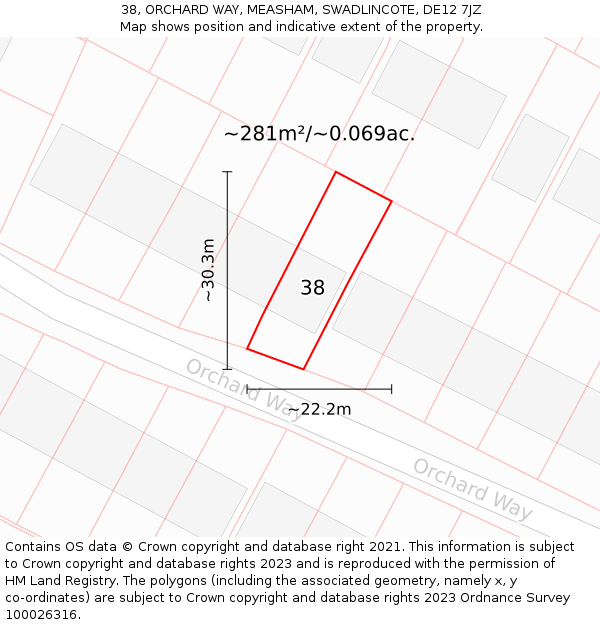 38, ORCHARD WAY, MEASHAM, SWADLINCOTE, DE12 7JZ: Plot and title map