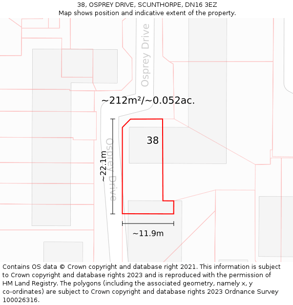 38, OSPREY DRIVE, SCUNTHORPE, DN16 3EZ: Plot and title map