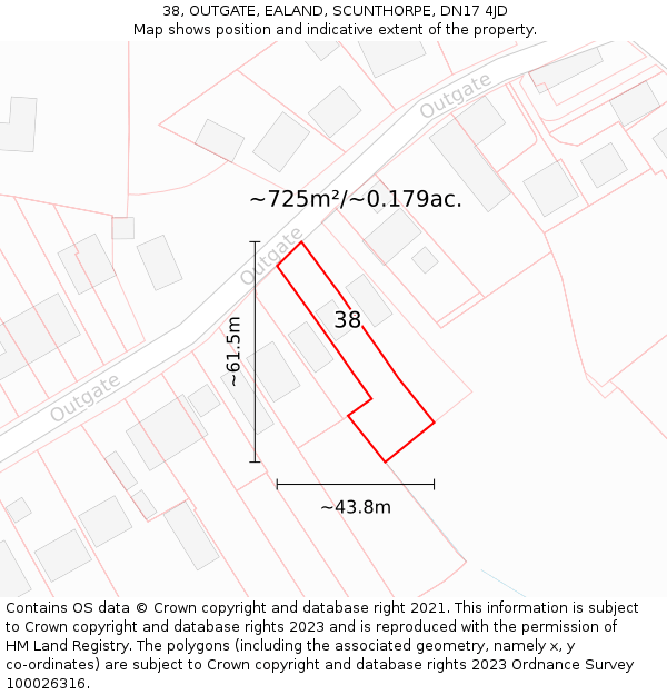 38, OUTGATE, EALAND, SCUNTHORPE, DN17 4JD: Plot and title map
