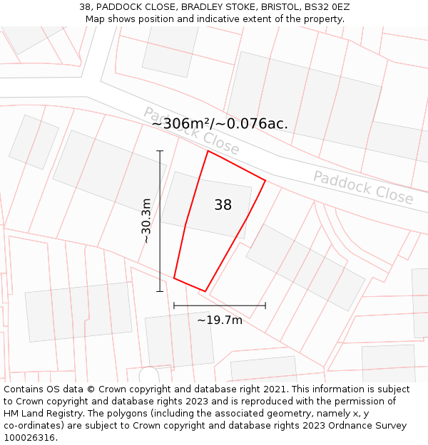 38, PADDOCK CLOSE, BRADLEY STOKE, BRISTOL, BS32 0EZ: Plot and title map