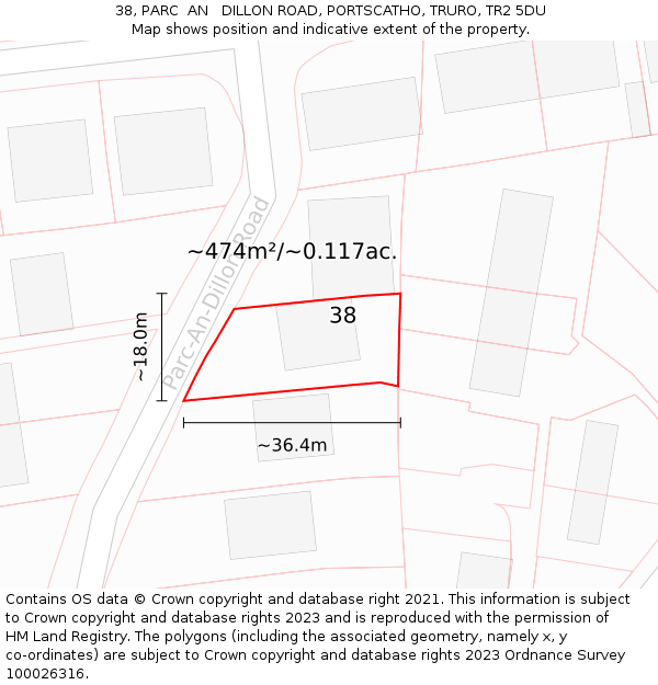 38, PARC  AN   DILLON ROAD, PORTSCATHO, TRURO, TR2 5DU: Plot and title map
