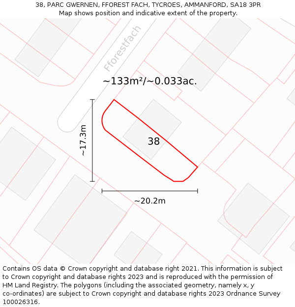 38, PARC GWERNEN, FFOREST FACH, TYCROES, AMMANFORD, SA18 3PR: Plot and title map