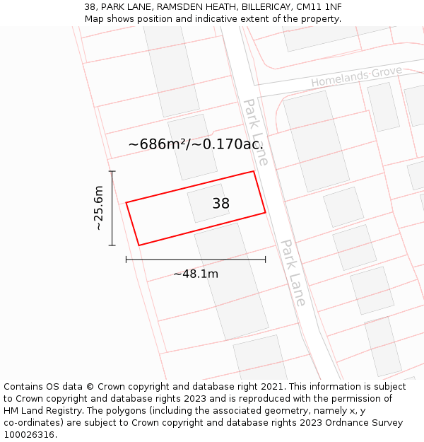 38, PARK LANE, RAMSDEN HEATH, BILLERICAY, CM11 1NF: Plot and title map