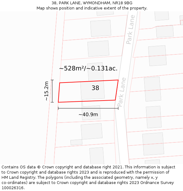 38, PARK LANE, WYMONDHAM, NR18 9BG: Plot and title map