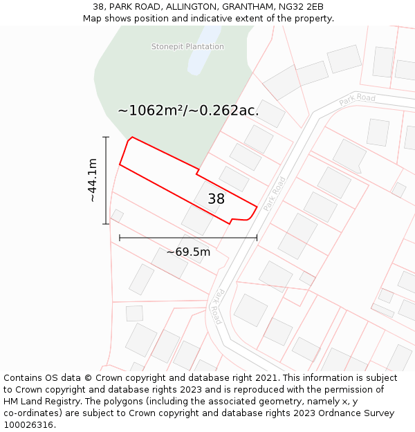 38, PARK ROAD, ALLINGTON, GRANTHAM, NG32 2EB: Plot and title map