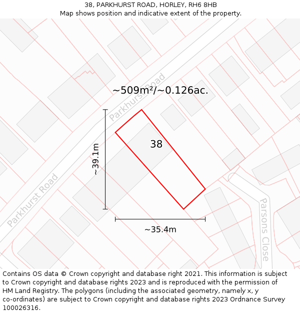 38, PARKHURST ROAD, HORLEY, RH6 8HB: Plot and title map
