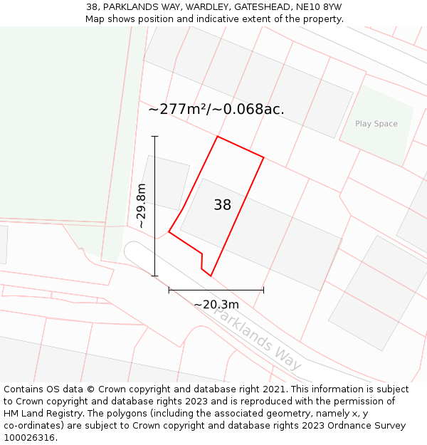 38, PARKLANDS WAY, WARDLEY, GATESHEAD, NE10 8YW: Plot and title map