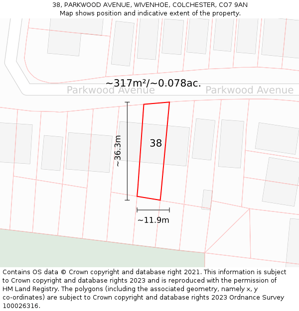 38, PARKWOOD AVENUE, WIVENHOE, COLCHESTER, CO7 9AN: Plot and title map