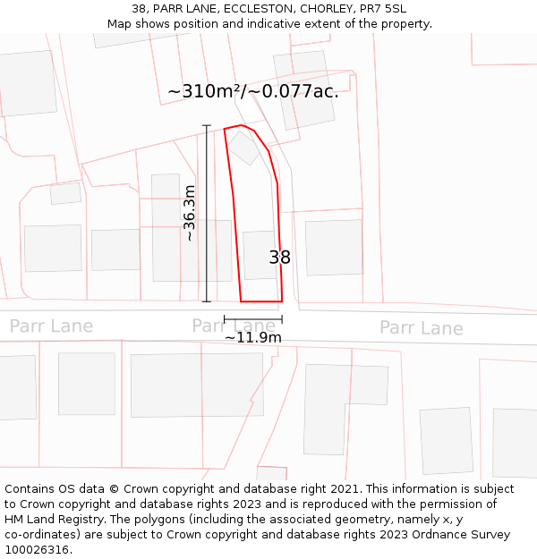 38, PARR LANE, ECCLESTON, CHORLEY, PR7 5SL: Plot and title map