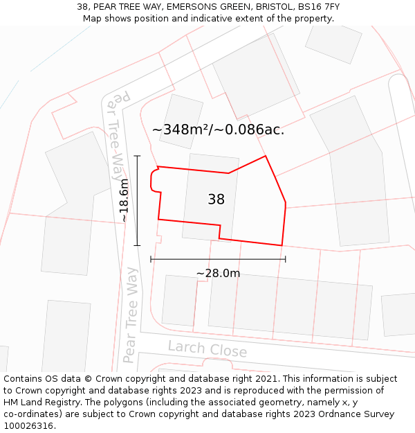 38, PEAR TREE WAY, EMERSONS GREEN, BRISTOL, BS16 7FY: Plot and title map