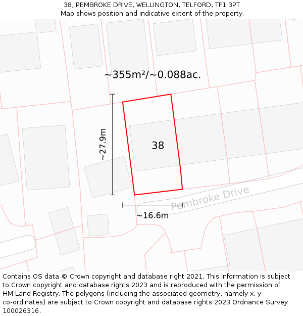 38, PEMBROKE DRIVE, WELLINGTON, TELFORD, TF1 3PT: Plot and title map