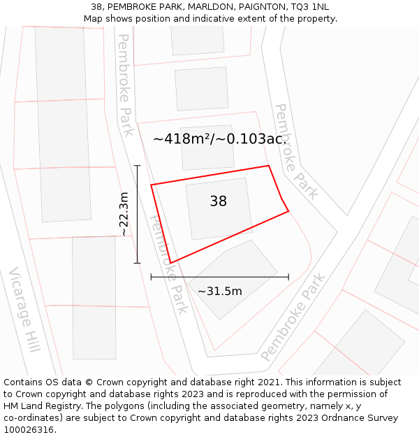 38, PEMBROKE PARK, MARLDON, PAIGNTON, TQ3 1NL: Plot and title map