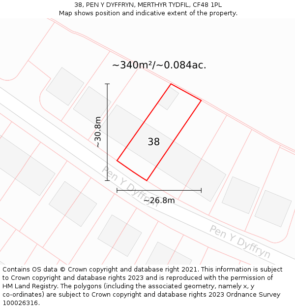 38, PEN Y DYFFRYN, MERTHYR TYDFIL, CF48 1PL: Plot and title map