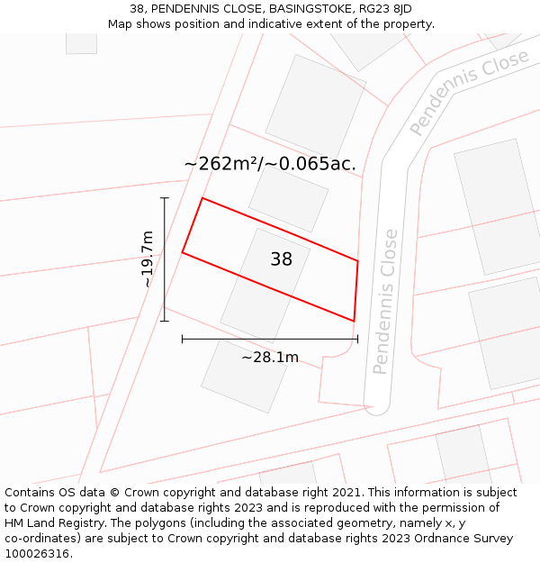 38, PENDENNIS CLOSE, BASINGSTOKE, RG23 8JD: Plot and title map