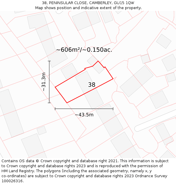 38, PENINSULAR CLOSE, CAMBERLEY, GU15 1QW: Plot and title map