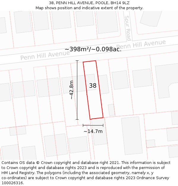 38, PENN HILL AVENUE, POOLE, BH14 9LZ: Plot and title map