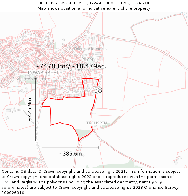 38, PENSTRASSE PLACE, TYWARDREATH, PAR, PL24 2QL: Plot and title map