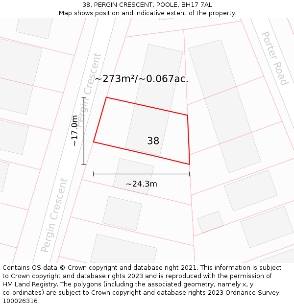 38, PERGIN CRESCENT, POOLE, BH17 7AL: Plot and title map