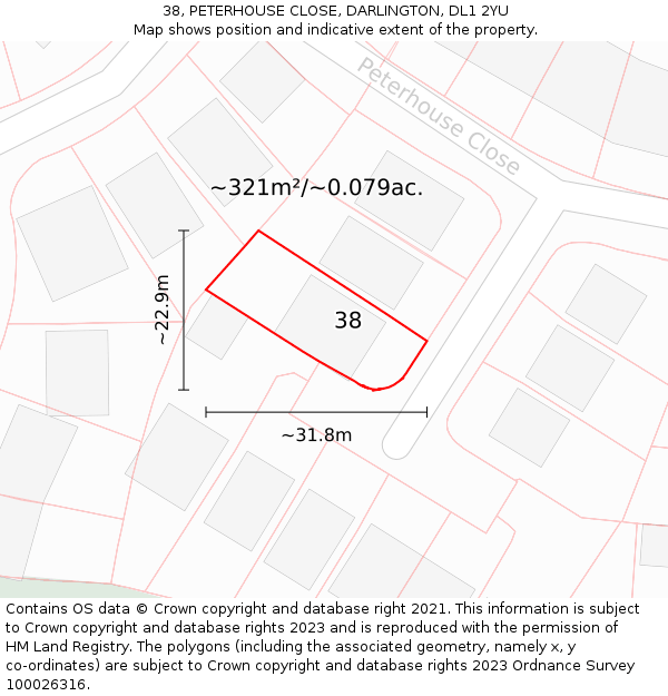38, PETERHOUSE CLOSE, DARLINGTON, DL1 2YU: Plot and title map