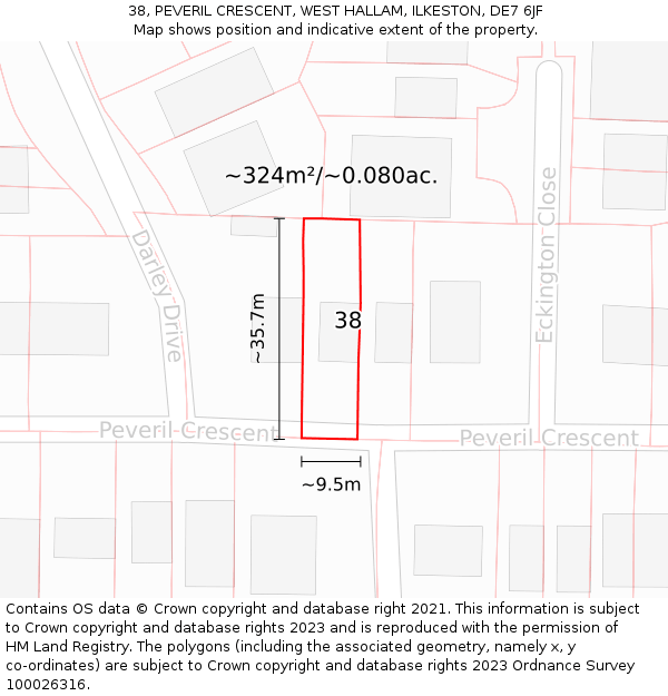 38, PEVERIL CRESCENT, WEST HALLAM, ILKESTON, DE7 6JF: Plot and title map