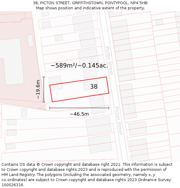 38, PICTON STREET, GRIFFITHSTOWN, PONTYPOOL, NP4 5HB: Plot and title map