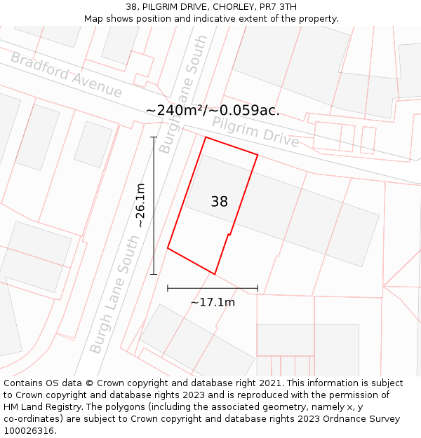 38, PILGRIM DRIVE, CHORLEY, PR7 3TH: Plot and title map