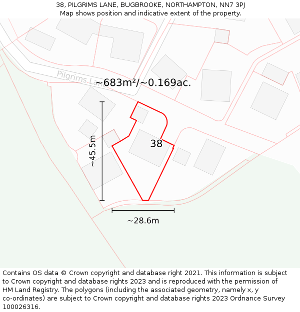 38, PILGRIMS LANE, BUGBROOKE, NORTHAMPTON, NN7 3PJ: Plot and title map