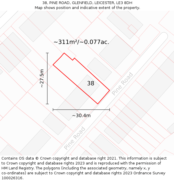 38, PINE ROAD, GLENFIELD, LEICESTER, LE3 8DH: Plot and title map