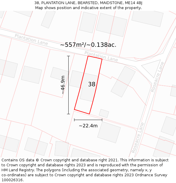 38, PLANTATION LANE, BEARSTED, MAIDSTONE, ME14 4BJ: Plot and title map