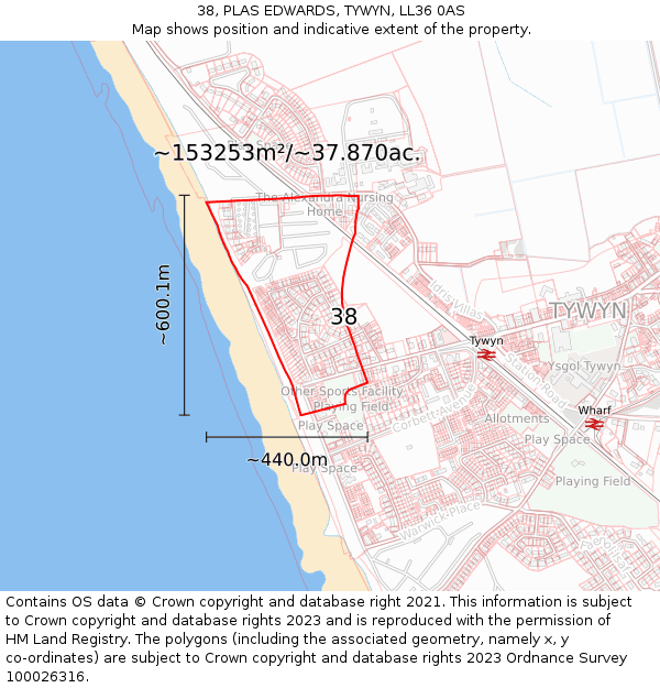 38, PLAS EDWARDS, TYWYN, LL36 0AS: Plot and title map