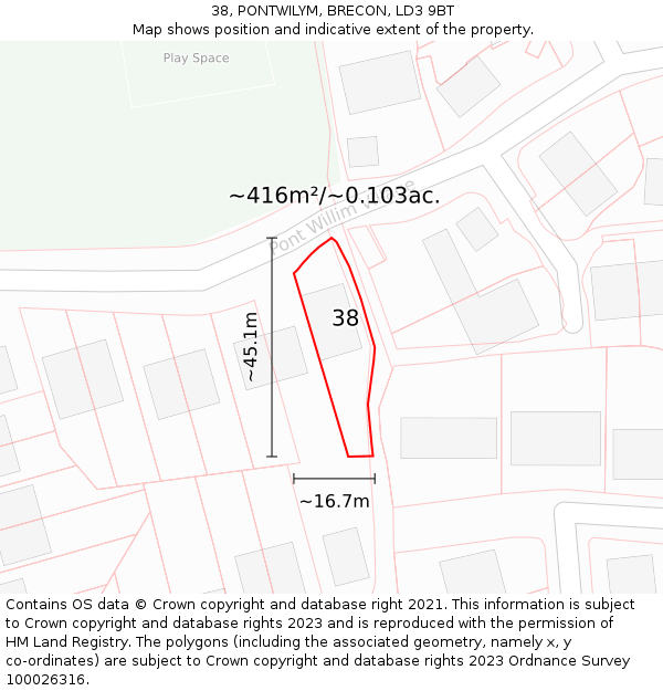 38, PONTWILYM, BRECON, LD3 9BT: Plot and title map