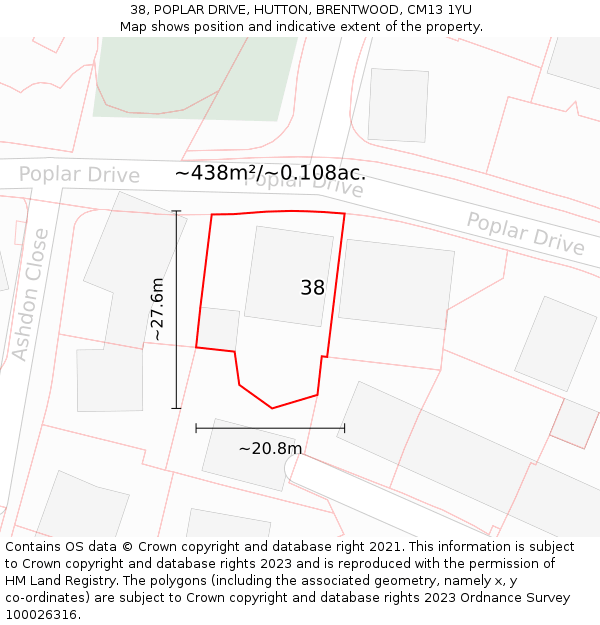 38, POPLAR DRIVE, HUTTON, BRENTWOOD, CM13 1YU: Plot and title map