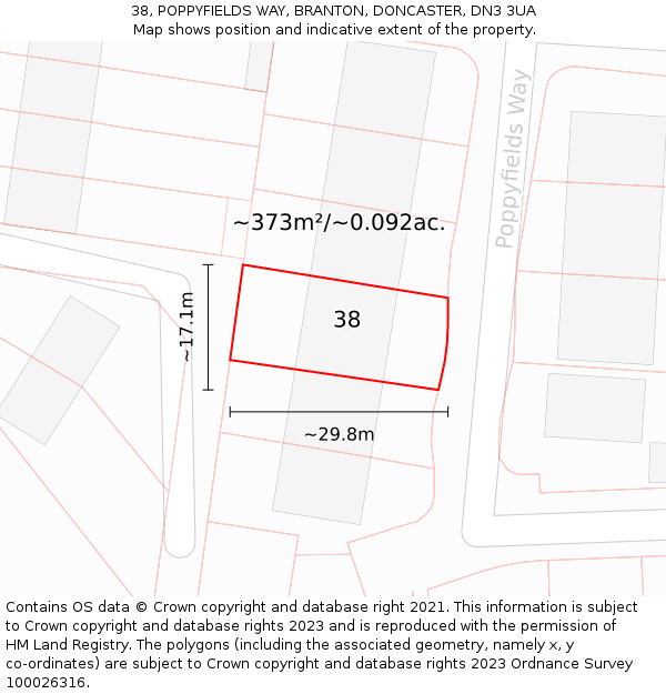 38, POPPYFIELDS WAY, BRANTON, DONCASTER, DN3 3UA: Plot and title map