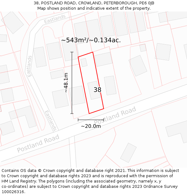 38, POSTLAND ROAD, CROWLAND, PETERBOROUGH, PE6 0JB: Plot and title map