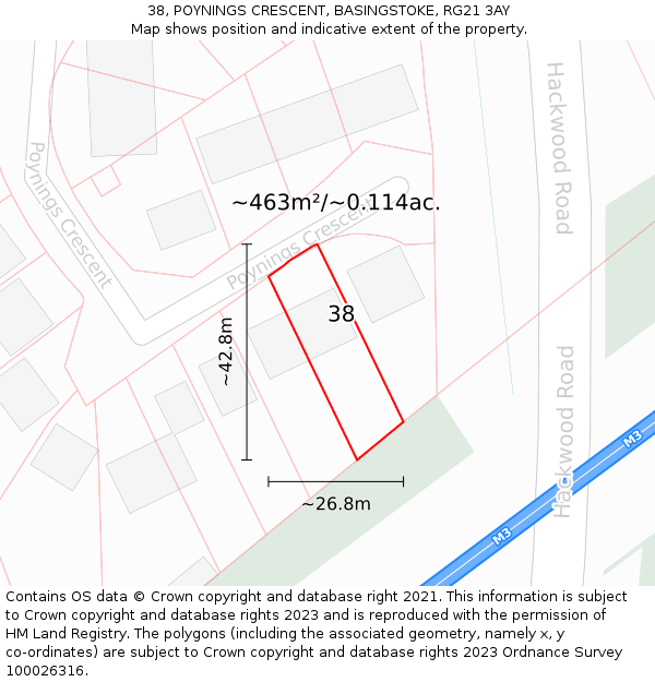 38, POYNINGS CRESCENT, BASINGSTOKE, RG21 3AY: Plot and title map