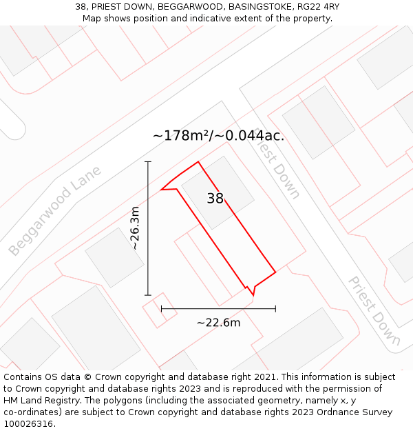 38, PRIEST DOWN, BEGGARWOOD, BASINGSTOKE, RG22 4RY: Plot and title map