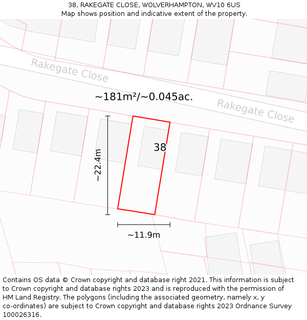 38, RAKEGATE CLOSE, WOLVERHAMPTON, WV10 6US: Plot and title map