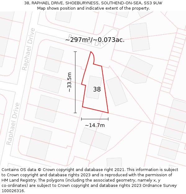 38, RAPHAEL DRIVE, SHOEBURYNESS, SOUTHEND-ON-SEA, SS3 9UW: Plot and title map