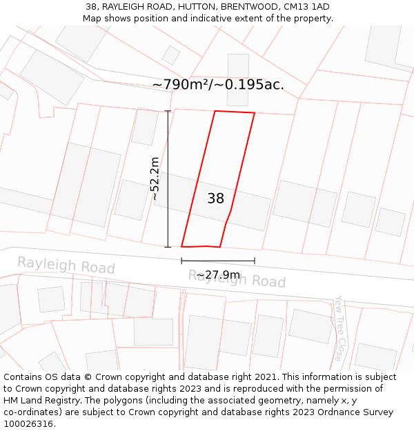 38, RAYLEIGH ROAD, HUTTON, BRENTWOOD, CM13 1AD: Plot and title map