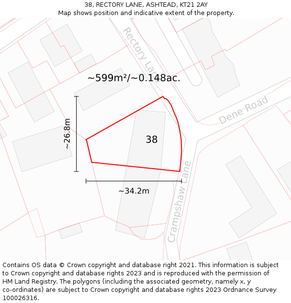 38, RECTORY LANE, ASHTEAD, KT21 2AY: Plot and title map