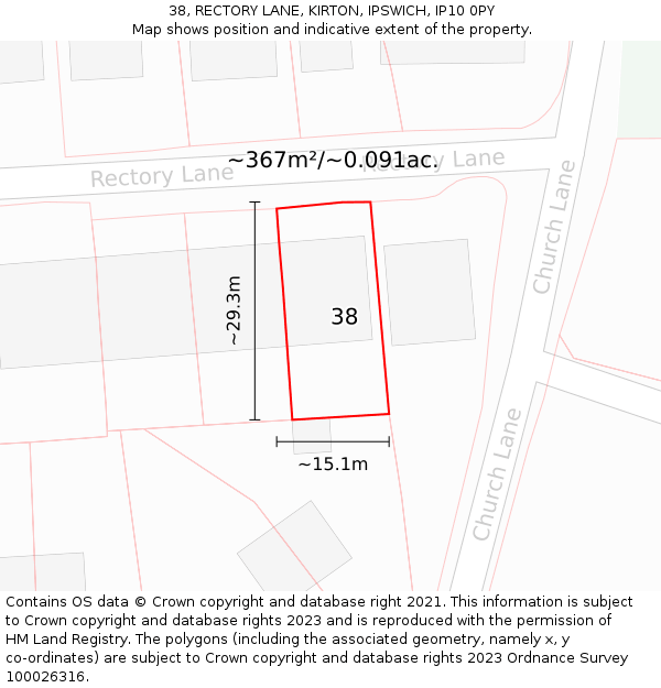 38, RECTORY LANE, KIRTON, IPSWICH, IP10 0PY: Plot and title map