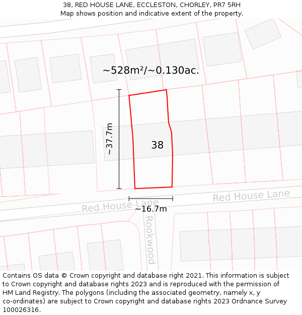 38, RED HOUSE LANE, ECCLESTON, CHORLEY, PR7 5RH: Plot and title map